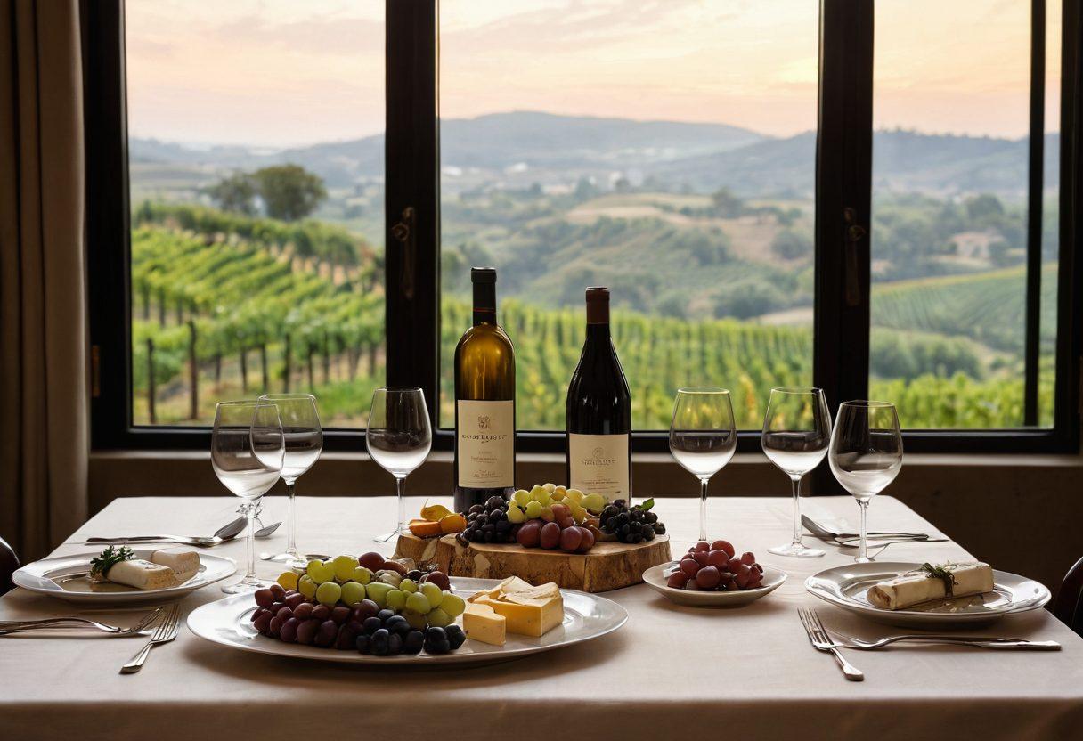 A beautifully arranged table featuring a variety of fine wine bottles and glasses, paired with elegant gourmet dishes like cheese, fruits, and hors d'oeuvres. The setting has soft, warm lighting that exudes a cozy and intimate atmosphere. Elegant wine pairing notes are subtly displayed on the table, enhancing the dining experience. The background features a vineyard landscape through a large window, connecting the art of wine to nature. super-realistic. warm tones. soft focus.