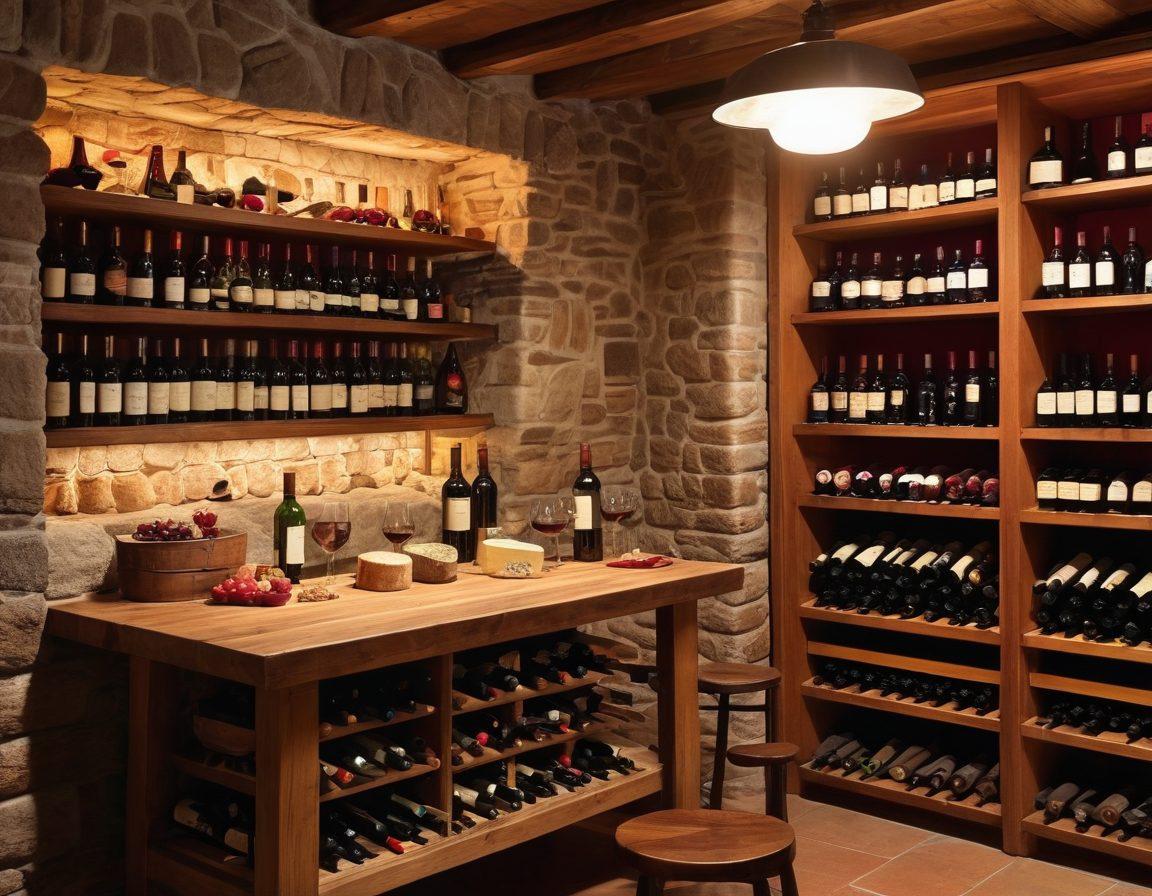 A beautifully arranged wine cellar showcasing a variety of vintage wine bottles, with rich wooden shelves and soft ambient lighting. In the foreground, there's a rustic wooden table with a wine glass filled with deep red wine, and a few artisanal cheese pieces artfully placed beside it. A subtle hint of grapes and a map of wine regions are artistically scattered in the background to symbolize exploration. warm colors. super-realistic. vibrant textures.