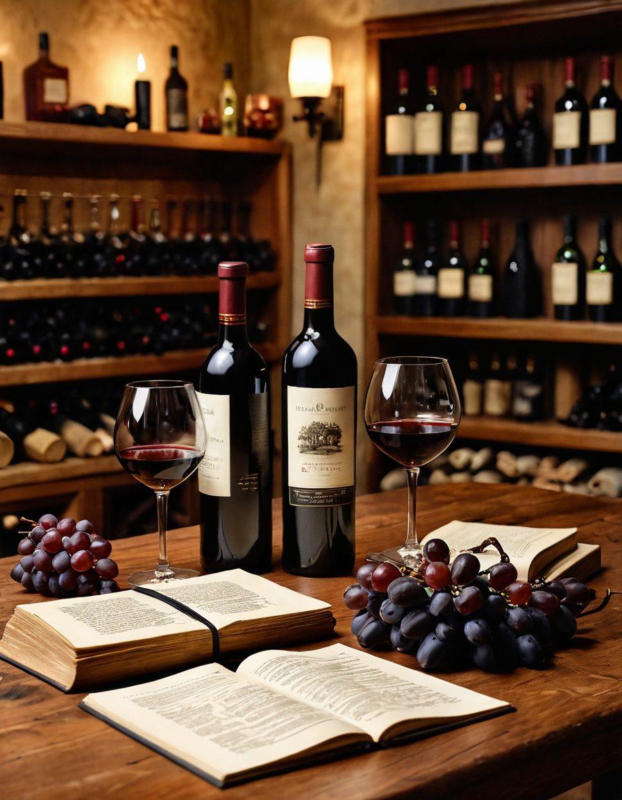 A rustic wooden table adorned with an elegant wine setup featuring an assortment of unique wine bottles, a vintage corkscrew, and a glass half-filled with deep red wine. In the background, a cozy wine cellar with dim lighting and wooden shelves full of rare vintages. Grapes and an open wine notebook with tasting notes are scattered around, suggesting a passionate collector's lifestyle. The scene evokes warmth and sophistication. super-realistic. warm tones. soft focus.